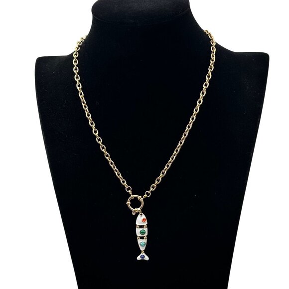Multi-Gemstone White Enamel Fish Pendant Necklace 18K Gold Plated Chain 17 Inch - Picture 6 of 9